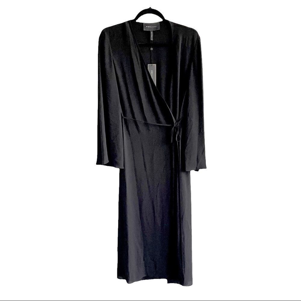 BCBGMAXAZRIA Black Wrap Midi Dress Tie Waist Wide Sleeves Small